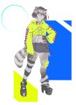 anthro bob_cut clothing colored_nails crop_top ear_piercing girly green_eyes hi_res kelmi_(wizpig) legwear looking_at_viewer male mammal nails navel onicristice piercing platform_footwear procyonid raccoon shirt snaggle_tooth solo stockings topwear