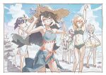  6+girls bare_arms bare_legs beach bikini black_bikini black_hair blush_stickers border brown_hair casual_one-piece_swimsuit commentary_request cowboy_shot do_it_yourself!! hat hikage_takumi juliet_queen_elizabeth_viii kouki_kokoro light_brown_hair long_hair matsuo_yuusuke midriff multiple_girls one-piece_swimsuit sand_castle sand_sculpture sarong short_hair standing straw_hat stretching suride_miku swimsuit swimsuit_skirt white_bikini white_border yasaku_rei yua_serufu 