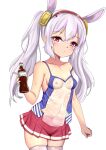  1girl absurdres animal_ears azur_lane bare_shoulders blush bottle breasts closed_mouth collarbone commentary_request covered_navel covered_nipples cowboy_shot dedorudy fake_animal_ears glass_bottle grey_hair highres holding holding_bottle laffey_(azur_lane) long_hair looking_at_viewer miniskirt nipples pleated_skirt rabbit_ears red_eyes red_skirt simple_background skindentation skirt small_breasts soda_bottle solo strap_slip thighhighs twintails wet wet_clothes white_background white_thighhighs zettai_ryouiki 