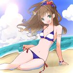  beach bikini bracelet brown_hair cloud day green_eyes high_ponytail hino_akane_(idolmaster) idolmaster idolmaster_cinderella_girls jewelry legs long_hair midriff navel ocean open_mouth outdoors ponytail scrunchie side-tie_bikini sitting sky smile solo striped striped_bikini swimsuit yayakoshiya 