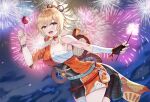  1girl absurdres arm_tattoo bandages black_socks blonde_hair breasts candy_apple chest_sarashi chest_tattoo choker collarbone commentary fireworks food genshin_impact hadanugi_dousa highres holding holding_food japanese_clothes kimono medium_breasts night night_sky orange_kimono outdoors red_choker sandals sarashi short_hair short_kimono single_bare_shoulder sky socks solo tattoo white_(user_gpgw2383) wrist_wrap yellow_eyes yoimiya_(genshin_impact) 