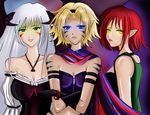  3girls aria aria_(mirage_noir) aria_ighaan blonde_hair blue_eyes demon green_eyes horns mirage_noir multiple_girls multiworld_project noir) noire noire_(mirage_noir) noire_ighaan red_hair satsuki scarf succubus white_hair yellow_eyes 