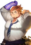  alternate_scar bags_under_eyes bara boogeyman_(housamo) colored_skin facial_hair goatee haishiba_ame highres long_sideburns mature_male muscular muscular_male mustache_stubble purple_skin scar sideburns sideburns_stubble solo stubble tokyo_afterschool_summoners 