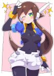  1girl absurdres aile_(mega_man_zx) black_bodysuit blue_jacket blush bodysuit breasts brown_hair buzzlyears cropped_jacket green_eyes highres jacket long_hair medium_breasts mega_man_(series) mega_man_zx mega_man_zx_advent navel one_eye_closed open_clothes open_jacket pink_background ponytail shorts simple_background solo white_shorts 