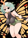  1girl adapted_costume antennae aqua_hair black_leotard blush breasts bridal_gauntlets butterfly_wings closed_mouth collarbone eternity_larva fairy foot_out_of_frame highres insect_wings large_breasts leaf leaf_on_head leotard massakasama short_hair smile solo touhou wings 