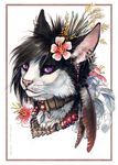  black_hair collar ear_piercing feather flower flower_in_hair fur hair ladysilvercat piercing purple_eyes solo tatchit tribal white_fur 