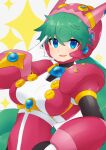  1girl blue_eyes blush breasts green_hair humanoid_robot large_breasts long_hair marino_(mega_man) mega_man_(series) mega_man_x:_command_mission mega_man_x_(series) open_mouth robot smile solo tobitori 