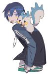  1boy absurdres blue_eyes blue_hair blue_nails blush cookie creature creature_on_shoulder dark_blue_hair food food_in_mouth from_side hair_between_eyes highres jewelry kaito_(vocaloid) looking_at_viewer male_focus necklace on_shoulder pachirisu pawpawrim pokemon_(creature) project_sekai short_hair smile solo upper_body vocaloid white_background 