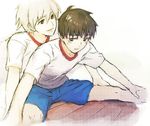  2boys artist_request blonde_hair blush brown_eyes brown_hair grey_eyes ikari_shinji lowres male male_focus multiple_boys nagisa_kaworu neon_genesis_evangelion open_mouth shirt short_hair shorts sitting stretch stretching t-shirt 