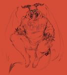  1boy absurdres arms_at_sides bad_id bad_tumblr_id body_fur chidaruma clothes_writing demon_boy demon_horns demon_tail demon_wings dorohedoro dotagotchi english_text full_body highres horns long_tongue monster_boy red_theme satyr sideways_glance skull solo spread_legs tail tongue very_long_tongue wings 