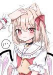  ... 1girl absurdres animal_ears ascot bell black_collar blonde_hair blush bow closed_mouth collar collared_shirt flandre_scarlet frilled_shirt_collar frills hair_between_eyes hair_bow highres jingle_bell kemonomimi_mode light_smile looking_at_viewer mea_0127 medium_hair one_side_up puffy_short_sleeves puffy_sleeves red_bow red_eyes red_ribbon red_vest ribbon shirt short_sleeves sleeve_ribbon solo_focus speech_bubble spoken_ellipsis touhou upper_body vest white_shirt wings wrist_cuffs yellow_ascot 