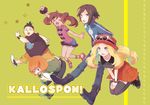  3boys arms_up black_hair black_legwear blonde_hair blue_eyes bracelet brown_hair calme_(pokemon) closed_eyes denim denim_shorts eyewear_on_head green_background group_picture group_profile jacket jewelry lineup long_hair low-tied_long_hair mogawa multiple_boys multiple_girls orange_hair pleated_skirt pokemon pokemon_(game) pokemon_xy profile quad_tails sana_(pokemon) serena_(pokemon) short_hair shorts skirt sleeveless star sunglasses thighhighs thumbs_up tierno_(pokemon) toroba_(pokemon) 