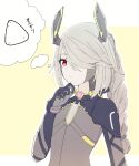  braid closed_mouth finger_to_own_chin flat_chest food frown grey_hair hair_over_one_eye highres horns imagining kamidan mechanical_horns onigiri red_eyes segiri_(xenoblade) thinking thought_bubble translated upper_body xenoblade_chronicles_(series) xenoblade_chronicles_3 