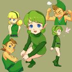  2girls :d angry belt blonde_hair blue_eyes blush_stickers boots brown_hair commentary_request crossed_arms fado_(ocarina_of_time) fairy green green_eyes green_footwear green_hair green_hairband hairband hands_on_own_knees hat knee_boots mido mido_(ocarina_of_time) multiple_girls open_mouth saria shiwashiwa_no_kinchakubukuru smile the_legend_of_zelda the_legend_of_zelda:_ocarina_of_time 