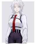  1girl aojiru_oisiiiii belt black_pants blue_eyes border breasts chest_harness collared_shirt faust_(project_moon) grey_background harness highres limbus_company long_sleeves looking_at_viewer medium_breasts necktie no_jacket pants project_moon red_necktie shirt short_hair simple_background solo white_border white_hair white_shirt 