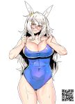  1girl animal_ears bare_shoulders biwa_hayahide_(umamusume) blue_one-piece_swimsuit breasts cleavage closed_mouth commentary_request cowboy_shot ear_ornament glasses grey_hair hair_between_eyes hair_ornament highres horse_ears horse_girl large_breasts long_hair looking_at_viewer minew one-piece_swimsuit pink-framed_eyewear qr_code simple_background smile solo swimsuit thigh_gap umamusume wet wet_clothes wet_swimsuit white_background yellow_eyes 