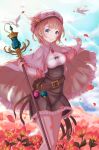  1girl atelier_(series) atelier_rorona belt bird blue_eyes breasts brown_hair cleavage closed_mouth cloud dress feathers flower hat highres looking_at_viewer rororina_fryxell short_hair skirt smile solo yanu 