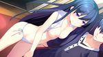  bikini blue_hair blush breasts game_cg hojo_tori kimi_to_boku_to_no_kishi_no_hibi_(kimikishi) long_hair nipples purple_eyes swimsuit topless towel 