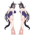  2girls absurdres ahoge alternate_costume animal_ears ass bails bare_arms bare_legs bare_shoulders barefoot black_hair blank_stare blue_one-piece_swimsuit blush breasts closed_mouth collarbone commentary_request competition_school_swimsuit double-parted_bangs earrings from_above full_body hair_between_eyes hands_on_own_thighs highres horse_ears horse_girl horse_tail jewelry large_breasts long_hair looking_at_viewer manhattan_cafe_(umamusume) multiple_girls multiple_scars one-piece_swimsuit red_eyes scar scar_across_eye scar_on_face school_swimsuit simple_background single_earring small_breasts straight_hair sunday_silence_(racehorse) swimsuit tail thighs umamusume white_background yellow_eyes 