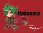  1boy chibi closed_mouth commission full_body gloves green_hair kotorai lars_alexandersson looking_at_viewer male_focus no_nose red_background red_eyes red_gloves red_scarf scar scar_across_eye scarf short_hair simple_background skeb_commission smile solo tekken thank_you translation_request v-shaped_eyebrows 
