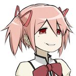  hair_ribbon kaname_madoka mahou_shoujo_madoka_magica pache_pache16 pink_eyes pink_hair ribbon school_uniform short_twintails simple_background smirk solo troll_face twintails upper_body white_background 