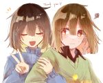  2others animification any_shelby blonde_hair blue_sweater blush brown_hair brown_shirt chara_(undertale) closed_eyes closed_mouth collared_shirt colored_inner_hair commentary_request fingernails frisk_(undertale) gold_necklace green_sweater hair_between_eyes hands_up heart heart_necklace highres jewelry long_sleeves looking_at_another multicolored_hair multiple_others necklace open_mouth pink_hair puffy_long_sleeves puffy_sleeves red_eyes shirt short_hair simple_background single_stripe smile sparkle standing striped_clothes striped_sweater sweatdrop sweater thank_you turtleneck turtleneck_sweater undertale upper_body v white_background 
