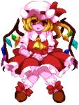  1girl ascot blonde_hair bobby_socks brown_footwear collared_shirt crystal daime_fusonzai flandre_scarlet frilled_shirt_collar frilled_skirt frills full_body knees_together_feet_apart long_hair lowres multicolored_wings open_mouth pink_headwear pink_shirt pixel_art puffy_short_sleeves puffy_sleeves red_eyes red_ribbon red_skirt red_vest ribbon shirt short_sleeves skirt skirt_set sleeve_ribbon socks solo touhou transparent_background vest wings yellow_ascot 