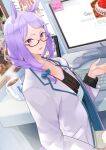  1girl absurdres animal_ears bow cup dessert food glasses hair_ornament hairclip highres horse_ears horse_girl horse_tail id_card lab_coat long_hair mejiro_mcqueen_(umamusume) monitor mug open_mouth purple_eyes purple_hair shirt solo tail umamusume yokoji_(kodai2015) 