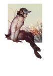  1boy absurdres angel_and_devil animal_ears arms_at_sides bara beard brown_fur completely_nude convenient_leg crossed_legs crrispy_shark facial_hair from_side full_beard full_body goat_ears goat_legs goat_tail highres inset_border looking_at_viewer male_focus mature_male monster_boy nude original profile satyr short_hair sideways_glance sitting solo thick_eyebrows toned toned_male 