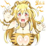  1girl :o absurdres alternate_costume animal_ears animal_print bare_shoulders bell blonde_hair blush breasts claw_pose cleavage cleavage_cutout clothing_cutout crop_top curly_hair frills from_above hair_between_eyes hands_up heart_cutout highres huge_breasts kami_jigen_game_neptune_v kurozero large_breasts leaning_forward long_hair looking_at_viewer navel neck_bell neptune_(series) orange_eyes power_symbol sleeveless solo symbol-shaped_pupils teeth tiger_ears tiger_print upper_teeth_only very_long_hair yellow_eyes yellow_heart_(neptunia) 