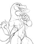  anthro breath clitoral_hood dripping female finger_lick flat_chested guoh holding_tail licking nintendo nude pok&eacute;mon pok&eacute;mon_(species) pussy salazzle scalie simple_background smile solo thick_thighs tongue tongue_out video_games white_background 