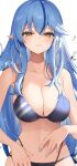  1girl bare_shoulders bikini black_bikini blue_hair blue_nails blush breasts cleavage collarbone colored_tips commentary_request crossed_bangs double-parted_bangs hair_between_eyes hair_ornament halterneck highres hololive large_breasts long_hair looking_at_viewer multicolored_hair navel pointy_ears solo streaked_hair string_bikini swimsuit thomas_8000 virtual_youtuber white_background yellow_eyes yukihana_lamy 