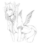  all_fours bird_wings bottomless breasts greyscale hair_ribbon himekaidou_hatate kurokuro large_breasts looking_at_viewer monochrome mouth_hold naked_shirt necktie no_pants pointy_ears puffy_sleeves ribbon shirt short_sleeves sketch solo touhou twintails wings 