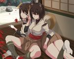  animal_ears brown_hair cat_ears cat_tail dog_ears dog_tail hyuuga_(kantai_collection) ise_(kantai_collection) japanese_clothes kantai_collection long_hair multiple_girls ponytail short_hair sitting skirt smile tabi tail ulrich_(tagaragakuin) 