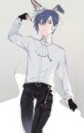  1boy absurdres animal_ears arm_up ascot bishounen blue_eyes blue_hair blue_nails dark_blue_hair fingerless_gloves gloves hair_between_eyes highres kaito_(vocaloid) looking_at_viewer o-ring o-ring_thigh_strap pale_skin pants parted_lips pawpawrim project_sekai rabbit_boy rabbit_ears shiny_clothes shirt short_hair sidelighting solo standing thigh_gap thigh_strap vocaloid walking white_ascot white_shirt wonderlands_x_showtime_(project_sekai) 