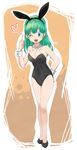  animal_ears bare_legs blue_eyes breasts bulma bunny_ears bunnysuit cleavage detached_collar dragon_ball dragon_ball_(classic) dragon_ball_z green_hair hairband heart large_breasts long_hair no_legwear one_eye_closed open_mouth petagon solo standing wrist_cuffs 