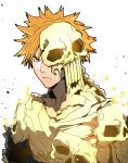  1boy absurdres angry bleach bleach:_jigoku-hen bone_armor brown_eyes burning closed_mouth fire from_side glowing highres isaacchief300 kurosaki_ichigo looking_at_viewer male_focus mask mask_over_one_eye official_alternate_costume one_eye_covered orange_hair paint_splatter shinigami simple_background skull skull_mask solo spiked_hair unworn_mask upper_body v-shaped_eyebrows white_background 