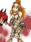  alternate_costume armor bare_shoulders barioth_(armor) blood blood_splatter gauntlets green_eyes grin hammer high_ponytail hino_akane_(idolmaster) idolmaster idolmaster_cinderella_girls long_hair monster_hunter orange_hair ponytail scrunchie smile solo tebasaki_p weapon 