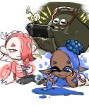  2girls asymmetrical_bangs big_man_(splatoon) black_eyes black_pants blue_eyes blue_hair blue_nails blue_pikmin blue_shirt blue_skin blue_sleeves bubble bud chest_sarashi closed_mouth colored_eyelashes colored_skin creature dark-skinned_female dark_skin ear_piercing fangs fangs_out fire flower frye_(splatoon) hair_bun hair_over_one_eye hand_on_own_cheek hand_on_own_face handheld_game_console holding holding_creature holding_handheld_game_console leaf light_bulb lightning_bolt_symbol looking_at_another lying manta_ray midriff multiple_girls multiple_piercings nintendo_switch no_mouth on_stomach one_eye_closed oversized_object paint palette_swap pants parted_lips piercing pikmin_(creature) pikmin_(series) pointy_ears pointy_nose puffy_shorts red_eyes red_hair red_nails red_pikmin red_shirt red_skin red_sleeves sarashi see-through see-through_shirt see-through_sleeves shirt shiver_(splatoon) short_sleeves shorts simple_background single_hair_bun smile splatoon_(series) t-shirt tentacle_hair tooth_earrings torn_clothes torn_pants triangle_mouth usuba_(hatomugip) very_dark_skin white_background white_flower white_shorts yellow_pikmin yellow_skin 