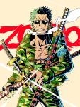  1boy bandaid bandaid_on_face cigarette cowboy_shot earrings english_commentary green_hair haramaki highres holding holding_sword holding_weapon jacket jewelry male_focus one_piece open_clothes open_jacket roronoa_zoro scar scar_across_eye scar_on_chest short_hair simple_background smoke solo sunglasses sword that_one_panda weapon 