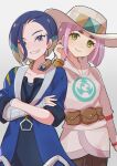  2girls adaman_(pokemon) adaman_(pokemon)_(cosplay) blue_hair bob_cut breasts brown_eyes coat cosplay cowboy_hat eyelashes hat jewelry lacey_(pokemon) lian_(pokemon) looking_at_viewer mizuiro123 multicolored_hair multiple_girls perrin_(pokemon) pink_hair pokemon pokemon_legends:_arceus pokemon_sv yellow_eyes 