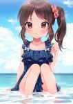  1girl alternate_hairstyle arm_support bare_shoulders blue_one-piece_swimsuit blue_sky blush breasts brown_eyes brown_hair cloud collarbone day dot_nose frilled_one-piece_swimsuit frills gem hair_ornament hair_scrunchie hand_up holding holding_gem idolmaster idolmaster_cinderella_girls idolmaster_cinderella_girls_starlight_stage knees_together_feet_apart long_hair looking_at_viewer ocean one-piece_swimsuit outdoors parted_lips partially_submerged polka_dot polka_dot_swimsuit red_scrunchie scrunchie shima(kanidess) side_ponytail sitting sky small_breasts solo swimsuit tachibana_arisu wet 