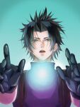  1boy armor black_gloves black_hair blue_eyes crisis_core_final_fantasy_vii earrings final_fantasy final_fantasy_vii final_fantasy_vii_remake gloves gradient_background highres jewelry light looking_at_viewer male_focus niburuchan_zc open_hands open_mouth outstretched_arms parted_bangs short_hair shoulder_armor single_earring sleeveless sleeveless_turtleneck solo spiked_hair stud_earrings suspenders sweater teeth turtleneck turtleneck_sweater upper_body upper_teeth_only zack_fair 