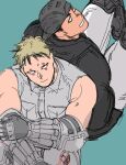  2boys aikawa_(dorohedoro) back-to-back bara bare_shoulders baseball_cap black_hair blonde_hair colored_tips couple dorohedoro eye_contact facial_mark from_above hand_on_own_arm hat head_tilt looking_at_another male_focus medium_sideburns multicolored_hair multiple_boys muscular muscular_male no_eyebrows protected_link risu_(dorohedoro) sasaki_(ssk_p3) sitting smile thick_eyebrows thighs yaoi 