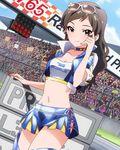  artist_request brown_hair goggles goggles_on_head idolmaster idolmaster_million_live! kitazawa_shiho long_hair midriff official_art race_queen yellow_eyes 