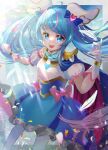  1girl absurdres blue_cape blue_dress blue_eyes blue_hair brooch cape commentary_request cure_sky cut_bangs detached_sleeves dress feathers frilled_dress frills gloves highres hirogaru_sky!_precure jewelry light_particles long_hair looking_at_viewer magical_girl minccino7 multicolored_hair open_mouth petals pink_hair precure puffy_detached_sleeves puffy_sleeves red_cape short_dress single_sidelock sleeveless sleeveless_dress smile solo sora_harewataru standing streaked_hair sunlight thighhighs twintails two-sided_cape two-sided_fabric very_long_hair white_gloves white_thighhighs wing_brooch wing_hair_ornament 