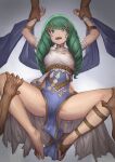  1girl absurdres alternate_costume barefoot commission daisuke_6897 dancer_(three_houses) dark-skinned_male dark_skin drill_hair feet fire_emblem fire_emblem:_three_houses flayn_(fire_emblem) full_body gladiator_sandals green_eyes green_hair hair_ornament hairclip highres legs open_mouth pinned sandals single_sandal skeb_commission teeth toenails toes twin_drills upper_teeth_only 