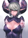  bangs blue_eyes breasts cleavage cleavage_cutout covered_nipples elf fumio_(rsqkr) gradient gradient_background grey_hair hair_over_one_eye hat heart lace large_breasts long_pointy_ears long_sleeves looking_at_viewer melfonseana parted_lips phantasy_star phantasy_star_online_2 pointy_ears puckered_lips puffy_sleeves short_hair sketch solo swept_bangs turtleneck upper_body 