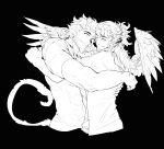  2boys bara beard bird_boy check_copyright copyright_request couple cropped_legs facial_hair feathered_wings from_side full_beard goatee greyscale happy highres hina_(hinazaka) hug male_focus mature_male monochrome monster_boy multiple_boys muscular muscular_male mutual_hug original sanpaku spot_color tail thick_beard wings yaoi 