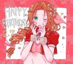  1girl aerith_gainsborough blush brown_hair commentary_request cropped_jacket dated dress final_fantasy final_fantasy_vii floral_background green_eyes hair_ribbon hands_on_own_face happy_birthday heart jacket jewelry knees_up long_hair necklace nocoyaki one_eye_closed open_clothes open_jacket parted_bangs pink_dress pink_ribbon ponytail red_background red_jacket ribbon sitting smile solo upper_body wavy_hair 